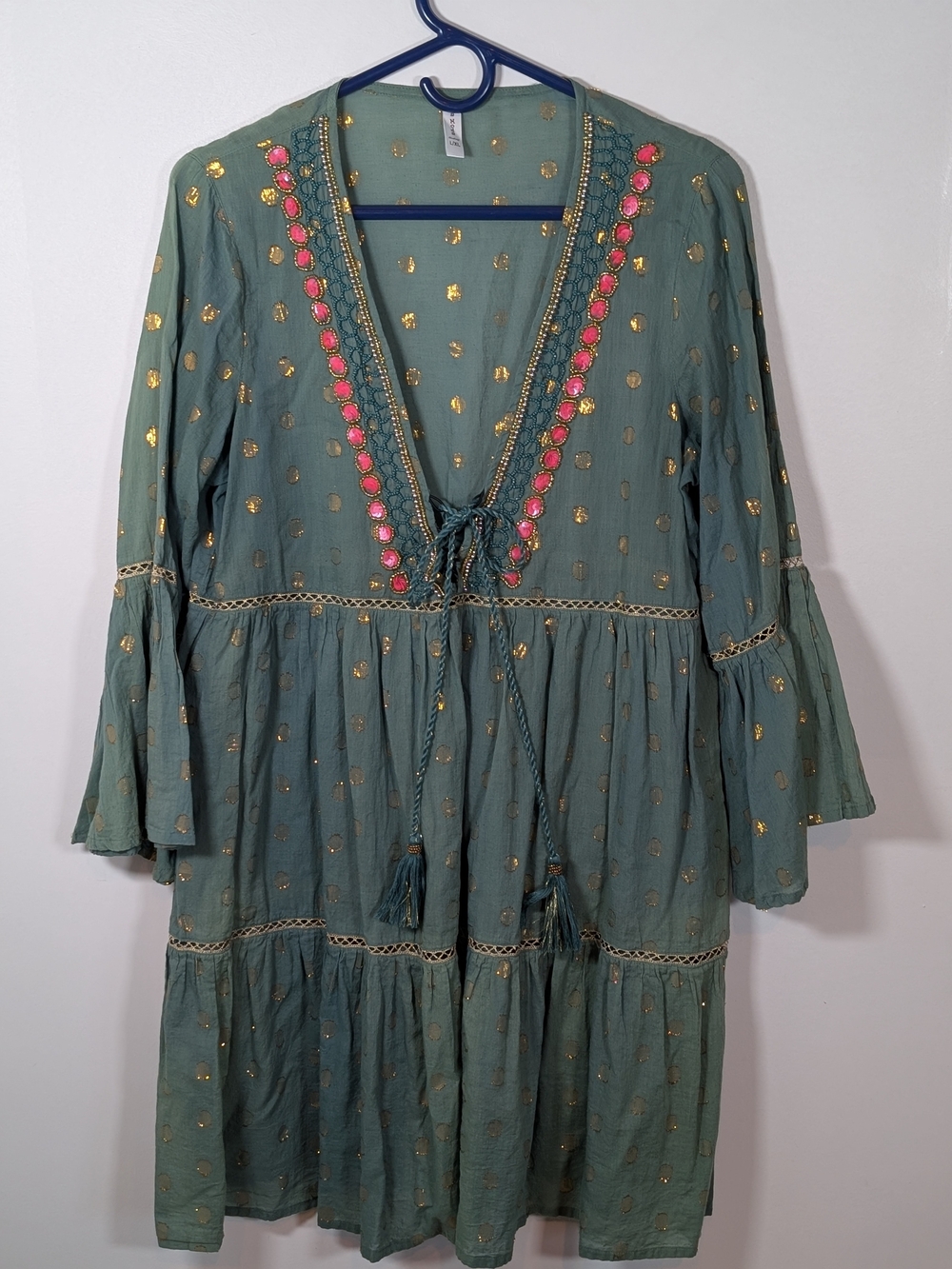 Cotton blend dress, La Moda, embroidered polka dot tiered dress with bell sleeve